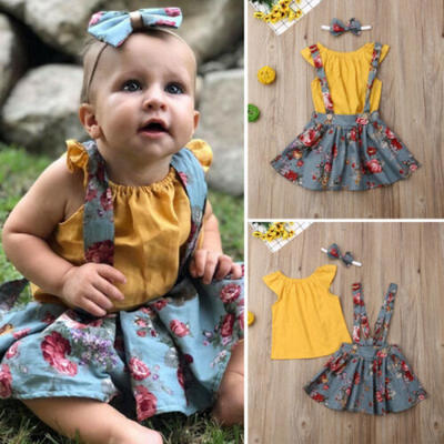 

US Toddler Kids Baby Girl Cotton T-shirt Top Skirt Dress 3Pcs Outfit Clothes Set