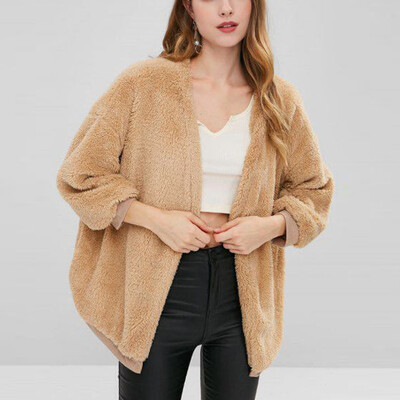 

Toponeto Womens Fashion Round Neck Solid Color Loose Plush Pocket Cardigan Coat