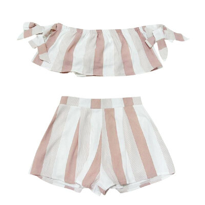 

Summer Women Two Pieces Set Stripe Print Self-tie Belt Crop Top Elastic Waist Wide Leg Shorts Twin Set Suit