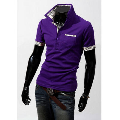 

Casual Check Pattern Patching Tight T-Shirt For Men Fashion Turn-down Collar Short Sleeve Slim Fit T-shirt