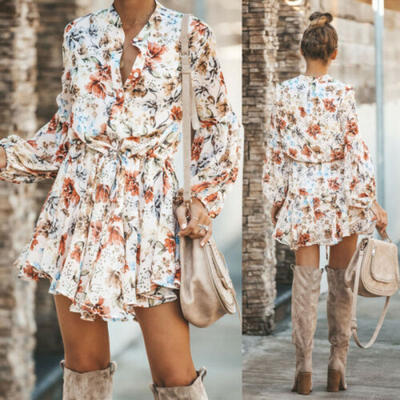 

CA Women Boho Long Sleeve Floral Dress Ladies V Neck Holiday Party Mini Dresses