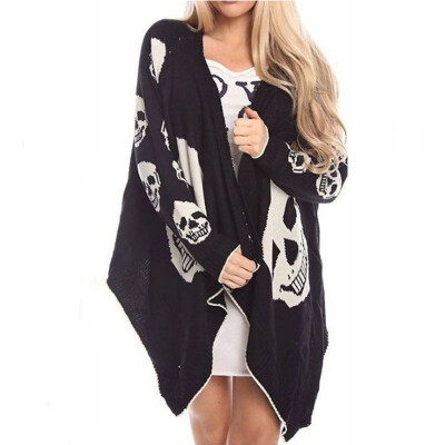 

Roseonmyhand Womens Fashion Halloween Skull Print Loose Irregular Long Sleeve Cardigan Coat