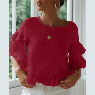 

Nomeni Womens Casual Solid Color O-neck Shirt Trumpet Sleeves Ruffled Shirt T-shirt