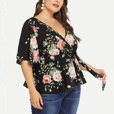 

Nomeni Women Deep V-Neck Printed Bandage Large Code Tops Loose T-Shirt Blouse