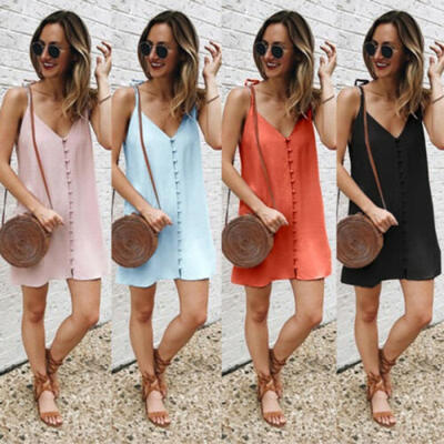 

Lady Women Summer Linen Casual Mini Dress V-neck Strap A-line Sundress Beachwear