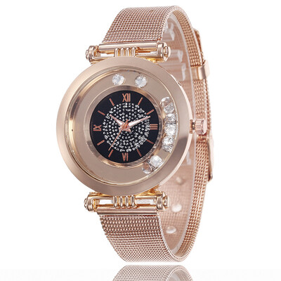 

Metal mesh with starry ladies watch sandpaper dial Roman numerals simple quartz watch