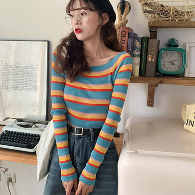 

Women Autumn Winter Stripes Print Slim Long Sleeved Slim Bottom Cropped Knit Sweater Pullover Tops