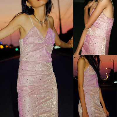 

〖Follure〗Fashion Womens Sexy Sequined Slit Bow Backless Camisole Long Dress
