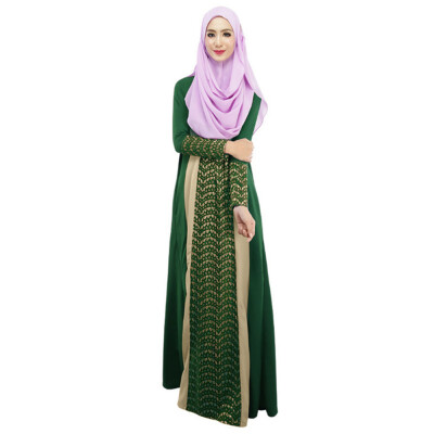 

New Fashion Women Muslim Maxi Dress Contrast Color Pitches Long Sleeve Abaya Kaftan Islamic Indonesia Robe Long Dress