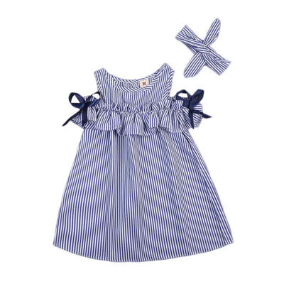 

Kids Baby Girls Clothes Striped Top Dress Off-shoulder Party Gown Dress Sundress