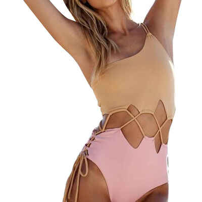 

One Shoulder Women Weave Cut Out Monokini Girl Bikini One Piece Strap Beachwear