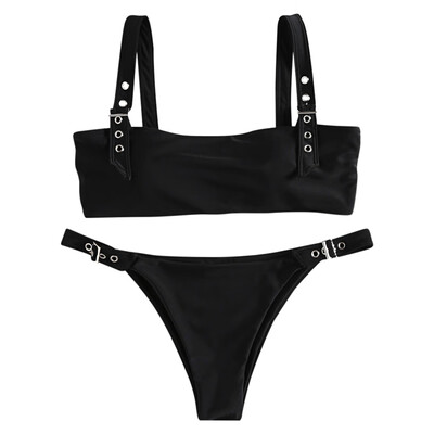 

Square Neck Buckled Strap Solid Color Padded Low Waist Women Bikini Set