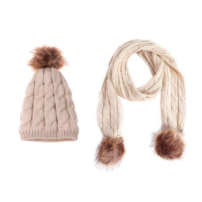 

2pcsset Cute Children Girls Warm Pompom Fleece Casual Twist Hats Scarf