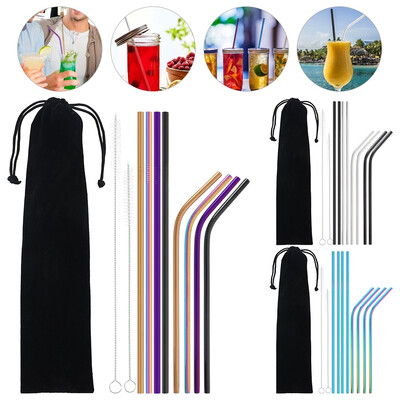 

8PcsSet Fashion Multicolor Stainless Steel Metal Drinking Straw Reusable Straws Cocktail Cleaner Brush Kit