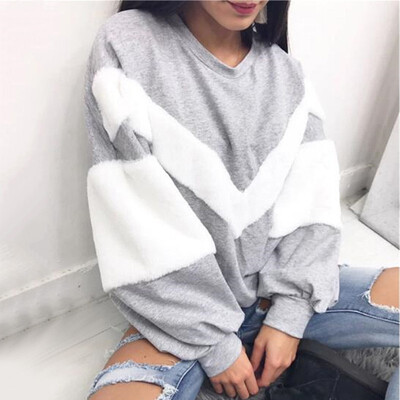 

2019 Autumn Winter Fashion Women Splice V type Plush O-neck Long sleeves Loose Sweatshirt