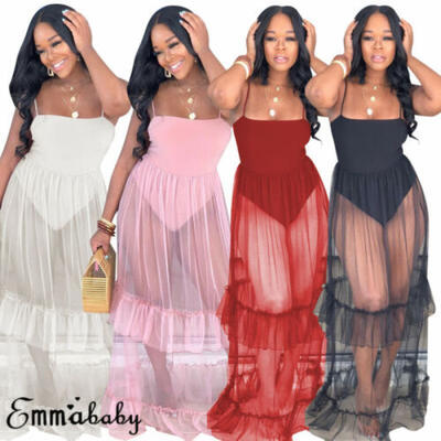 

Womens Mesh Sheer Maxi Dress Short Sleeve Beach Transparent See-Through Sundress