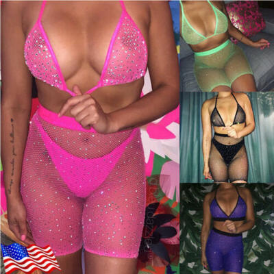 

US Fishnet Ladies Babydoll Sleepwear Womens Sexy Lingerie Bra Mesh Pajamas Suit