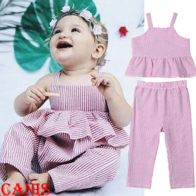 

2PCS Newborn Baby Girls Ruffle Tops Casual Stripe Pants Outfits Set Clothes