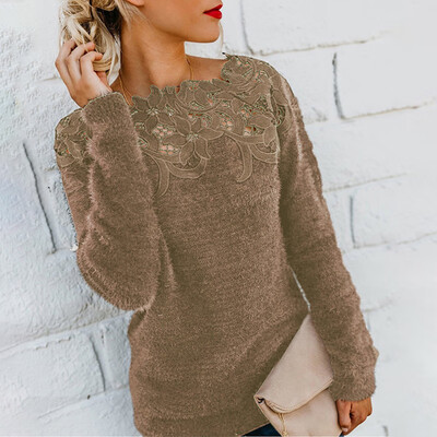 

Women Slim Fluffy Long Sleeve Hollow Outwear Tops Boat Neck Winter Warm Pullover