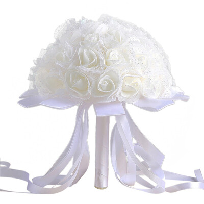 

Gobestart Crystal Ribbon Roses Bridesmaid Wedding Bouquet Bridal Artificial Silk Flowers