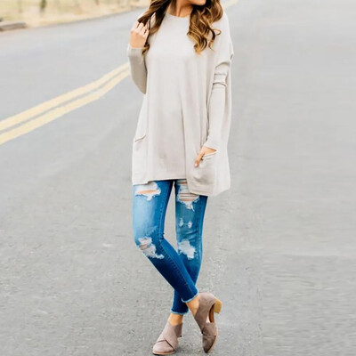

Tailored Fashio Women Casual Autumn O-Neck Solid Pocket Long Sleeve Patchwork Loose Tops