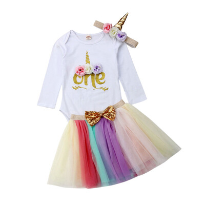 

3PCS Baby Girl 1st Birthday Outfit Party Unicorn Romper Cake Smash Tutu Dress