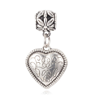 

Tibetan Style Alloy European Dangle Pendants Heart Antique Silver 38mm Hole 5mm