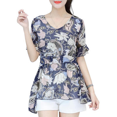 

Fashion Irregular Hem Women T-Shirt Short Sleeve Floral Chiffon TopsBelt