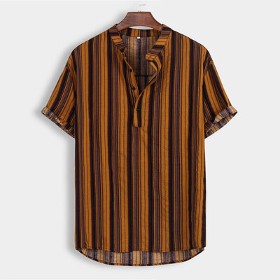 

Tailored Mens Summer Fashion Stand Collar Strip Print Short Sleeve Shirt Top
