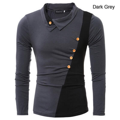 

Fashion Patchwork Turn-Down Collar Tight Long Sleeve T-Shirt Stylish Side Button Slim Fit T-Shirt For Men
