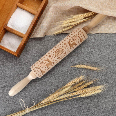 

JPGIF Christmas Rolling Pin Engraved Carved Wood Embossed Rolling Pin Kitchen Tool