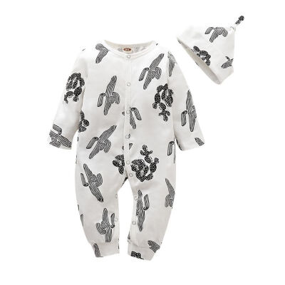 

Spring Autumn Casual Baby Long Sleeve Cactus Printing Rompers And Hat Kids Two-piece Outfit Set