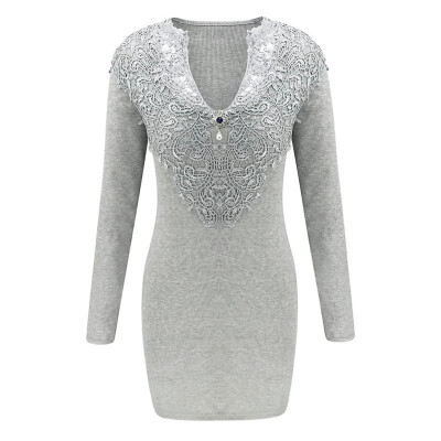 

Women Dress Ribbed Floral Crochet Lace Splicing Rhinestone V Neck Long Sleeve Mini Slim Elegant One-Piece