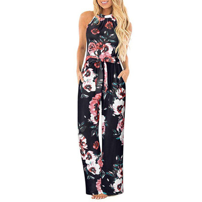 

Starmoon Womens Halter Neck Sleeveless Floral Long Jumpsuit Loose Belted Pocket Jumpsuit