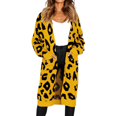 

Nomeni Fashion Women Knitted Leopard Print Long Sleeve Cardigan T-shirt Sweater Coat