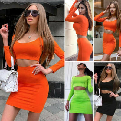 

Sexy Women 2 Piece Bodycon Two Piece Crop Tops&Skirt Set Bandage Dress Party