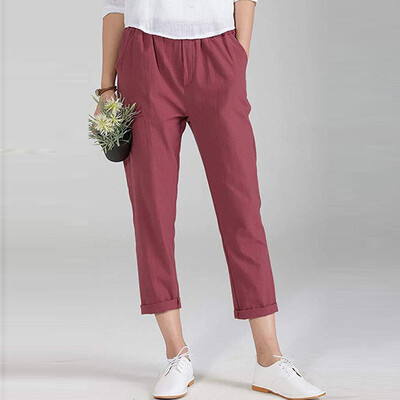 

Women Solid Pure Color Cotton And Linen Pencil Pants Casual Long Pants