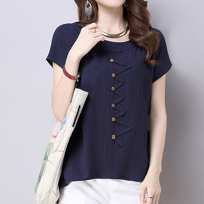 

Nomeni Fashion Women Summer O-Neck Short Sleeve Buttons Cotton And Linen Casual Top Tee
