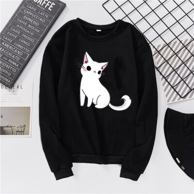 

Women Casual All-match Cartoon Cat Print Autumn Winter Velvet Loose Capless Round Neck Sweatershirt