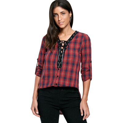 

Lace Up Button Up Plaid Long Shirt