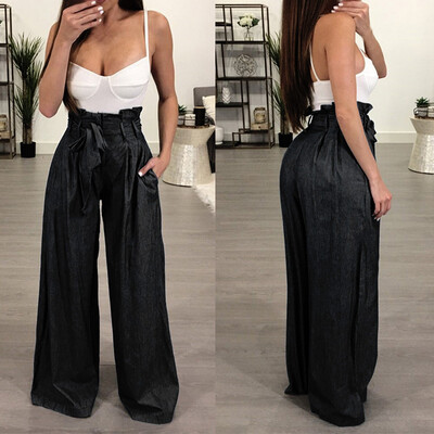 

Women Casual Solid Elastic Mid Waist Zippers Lady Long Loose Pants With Lace Up