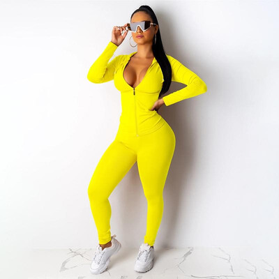 

Sexy Women Two Piece Set Sportswear Hooded Hoodie Pants Long Sleeve Zipper Drawstring Pocket Bodycon Fashion Tracksuit