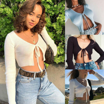 

AU Womens Casual Knitted Solid Long Sleeve Slim T-shirt Tops Cardigan Blouses