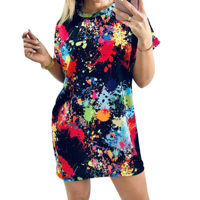 

Women Summer Splashing Ink Print Dress Casual Short Sleeve T-Shirts Dress