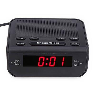 

Modern Digital Red LED Time Display Clock AMFM Radio Dual Alarm Buzzer Snooze Sleep Radio EU Plug