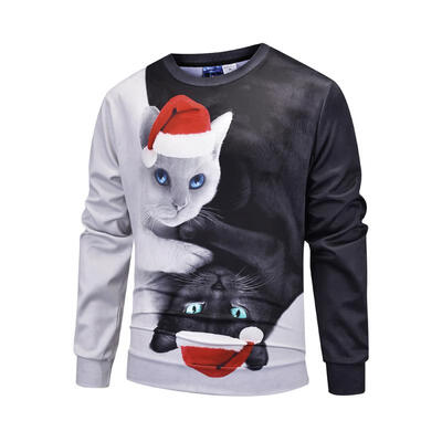 

Stylish Contrast Color Christmas Hat Cats Print Swearshirt For Men Casual Loose Long Sleeve Shirt Top