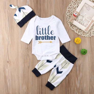 

3Pcs Newborn Baby Boys Little Brother Cotton Bodysuit Tops Long Leggings Pants Hats Outfits Clothes Sets