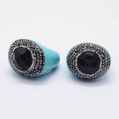 

Synthetic Turquoise Finger Rings with Polymer Clay Czech Rhinestone&Cat Eye Oval Black 18mm