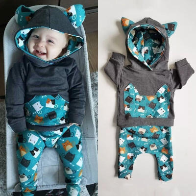 

Lovely Kitty Infant Baby Boy Girl Cat Hooded Top T-shirt Long Pants Clothes Outfit Set