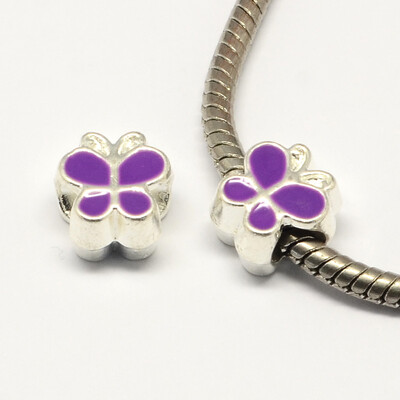 

Alloy Enamel Butterfly Large Hole European Beads Silver DarkViolet 10x10x7mm Hole 45mm